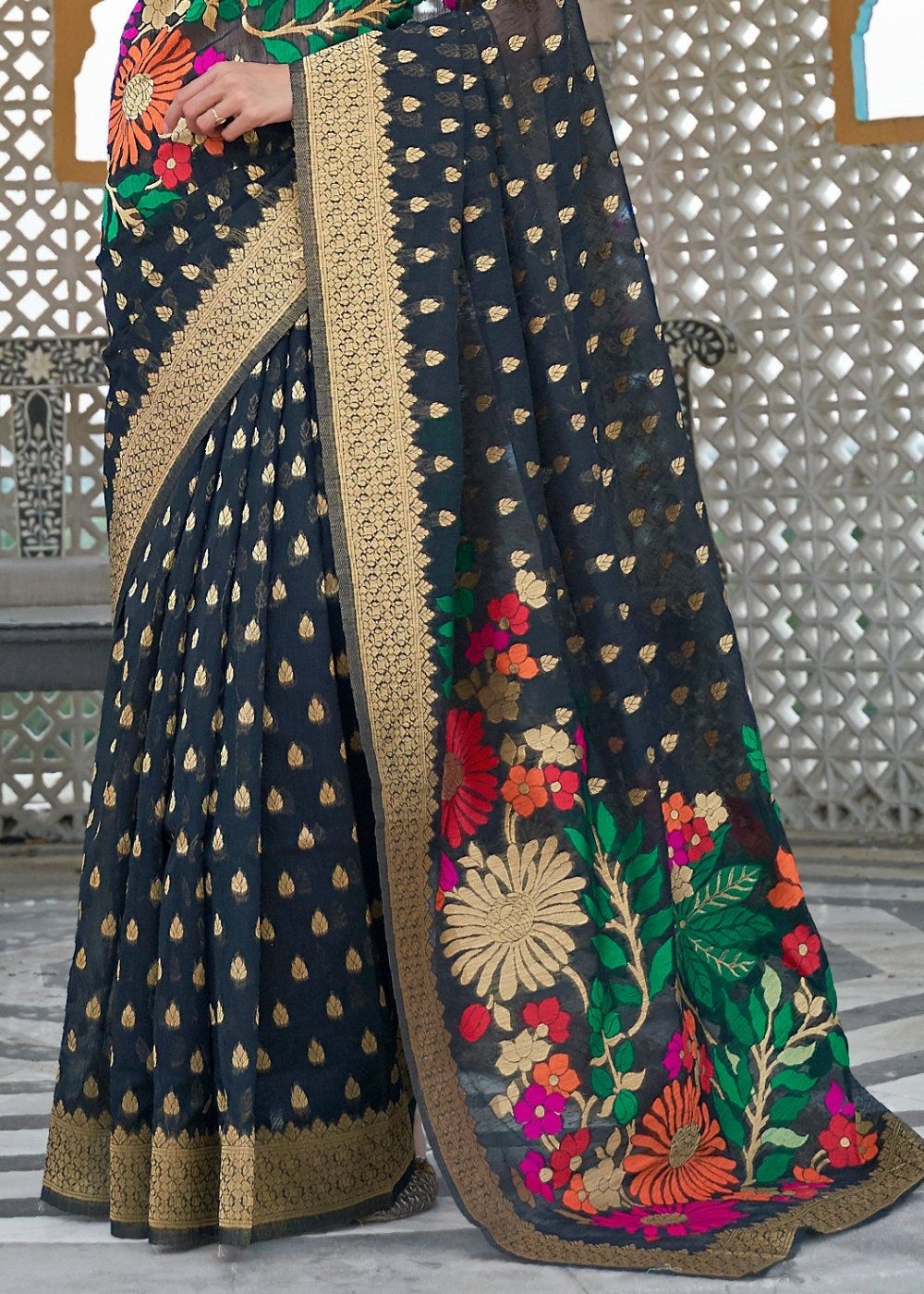 Onyx Black Floral Embroidered Linen Silk Saree - Colorful Saree