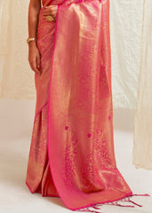 Hot Pink & Golden Blend Kanjivaram Silk Saree - Colorful Saree