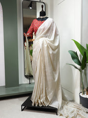 White Color Plain Manipuri Tussar Indian Wedding Saree Colorful Saree