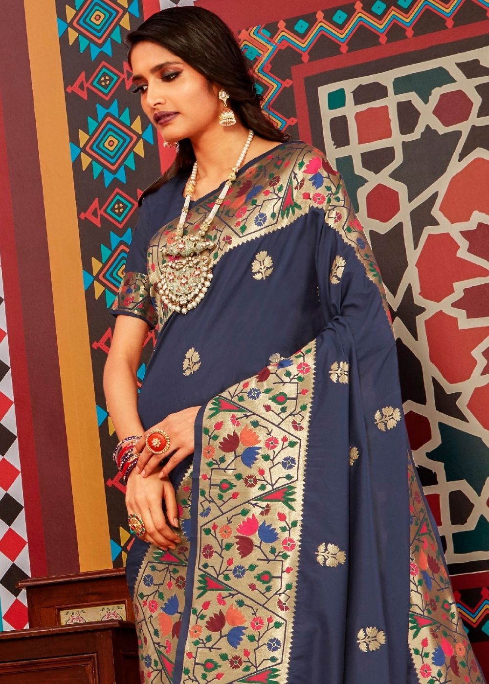 Denim Blue Zari Woven Paithani Silk Saree - Colorful Saree