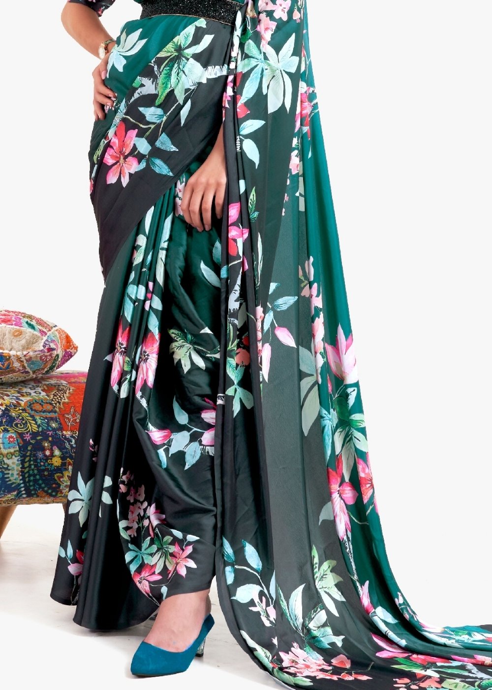 Teal Green Digital Printed Satin Crepe Saree - Colorful Saree