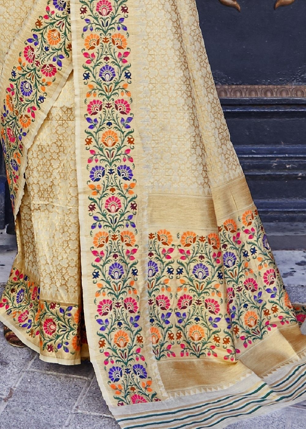 Cream and Golden Blend Silk Saree with Floral Woven Border and Pallu - Colorful Saree