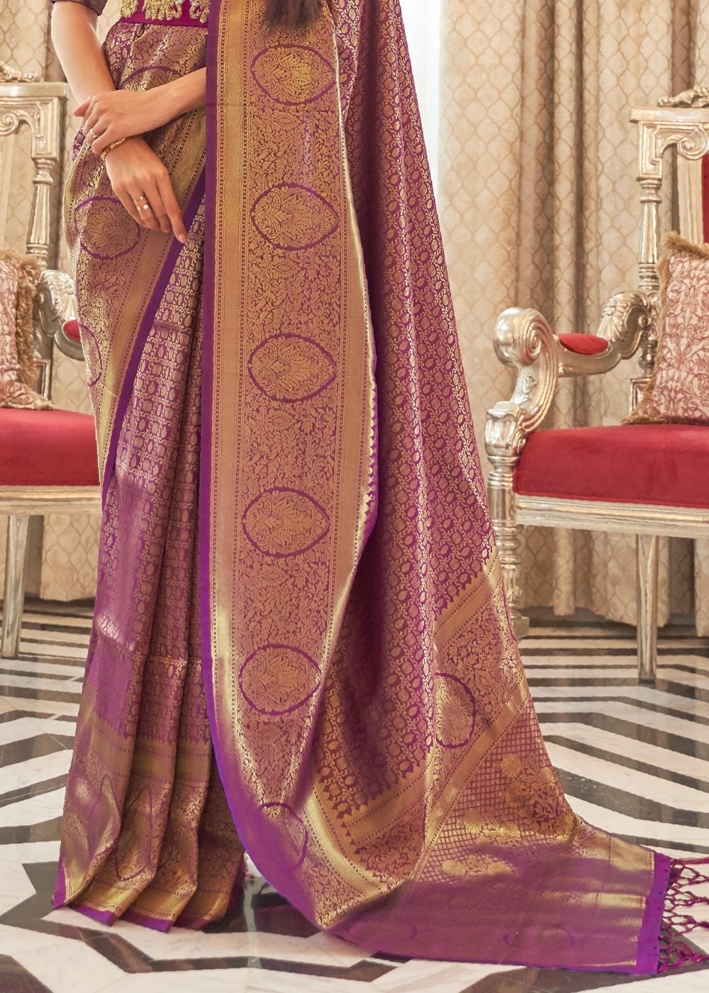 Irish Purple Zari Woven Kanjivaram Silk Saree with Tassels on Pallu - Colorful Saree