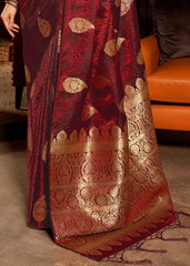 Wine Red Pure Satin Woven Silk Saree with overall Golden Buti - Colorful Saree