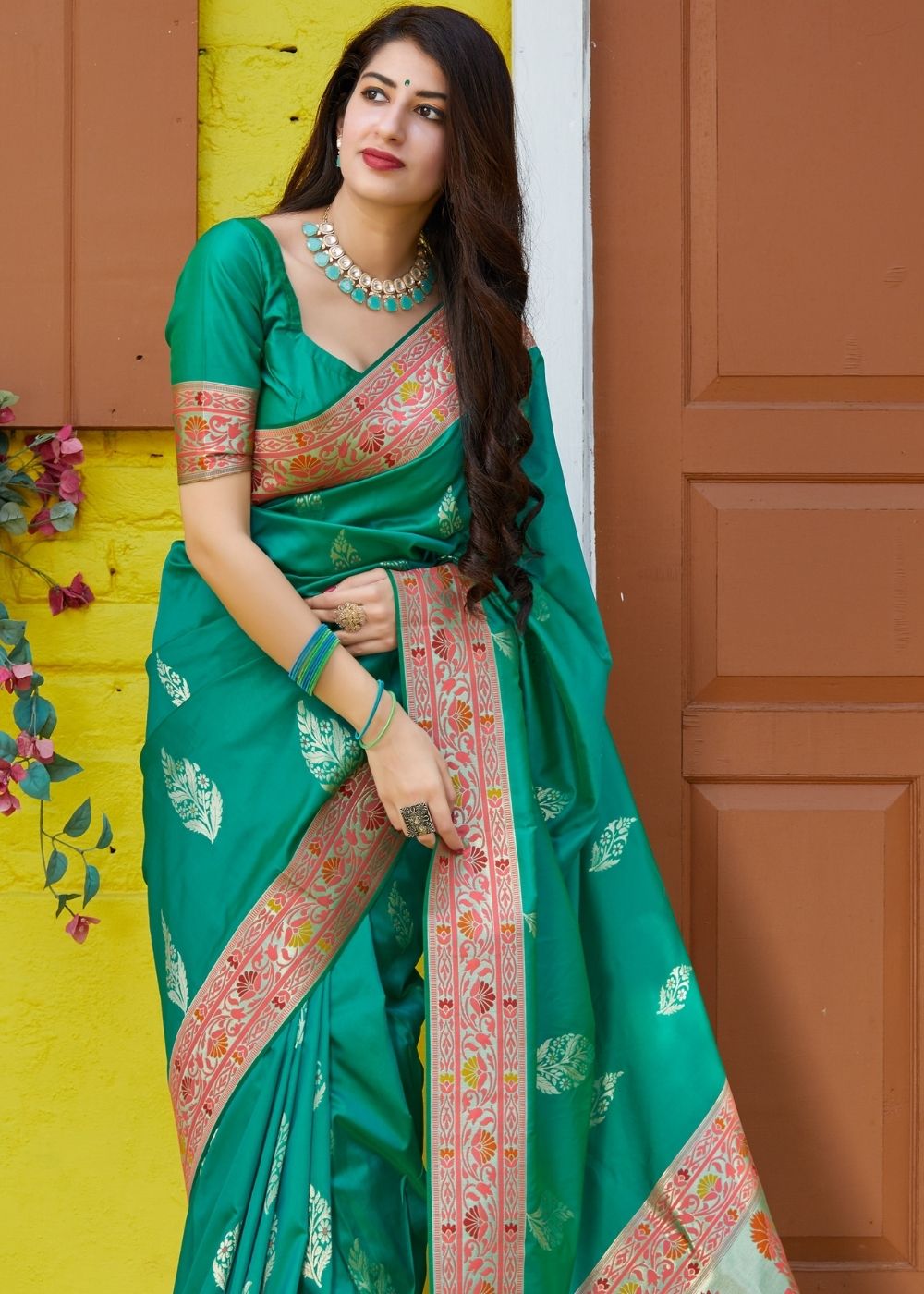 Teal Green Silk Saree with Floral Zari Border and Silver Buti Design - Colorful Saree