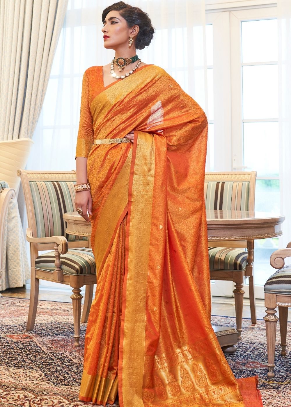 Pumpkin Orange Ultra Soft Kanjivaram Silk Saree with Zari Border and Pallu - Colorful Saree