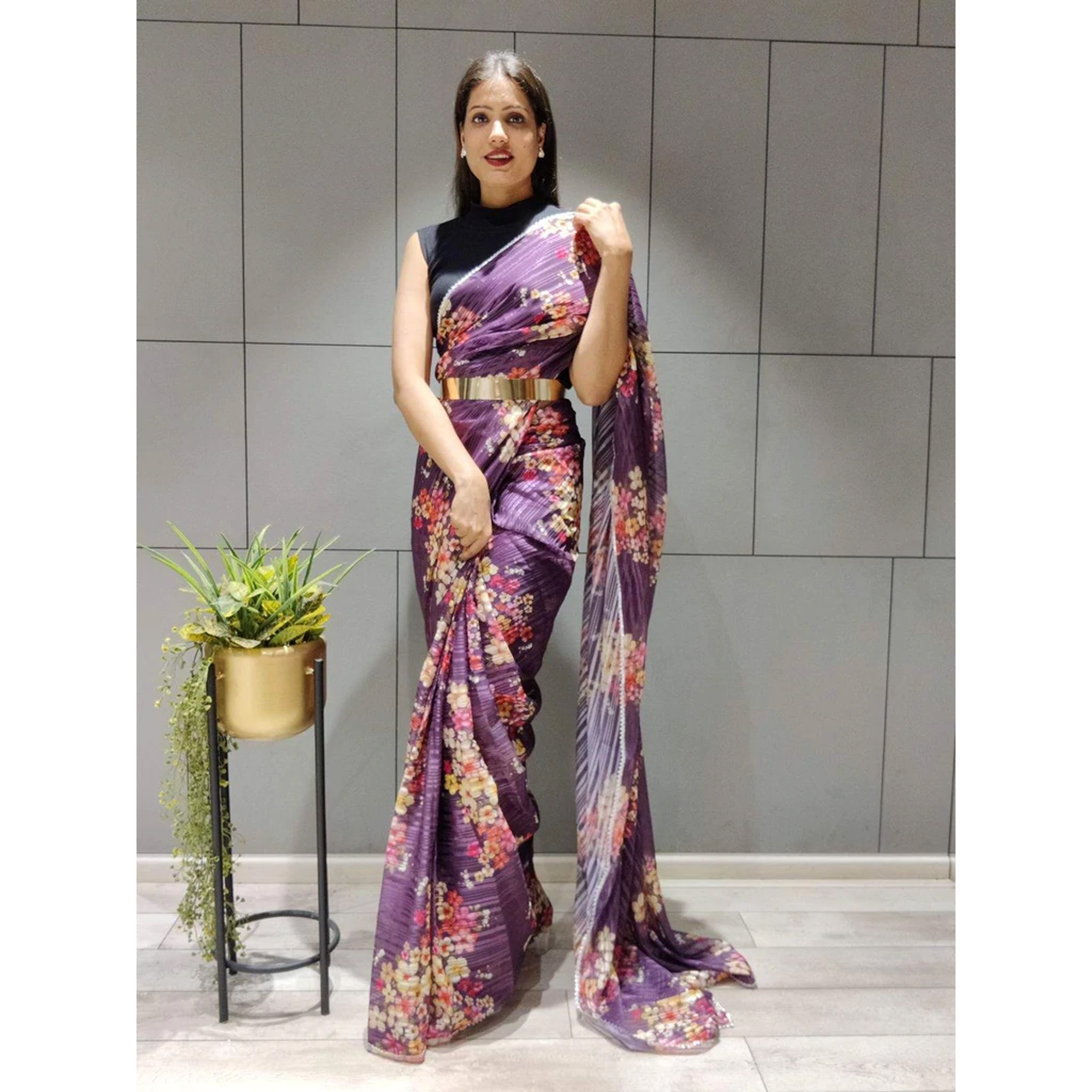Flower Printed Ready to wear Chiffon Saree with Metal Belt - Colorful Saree