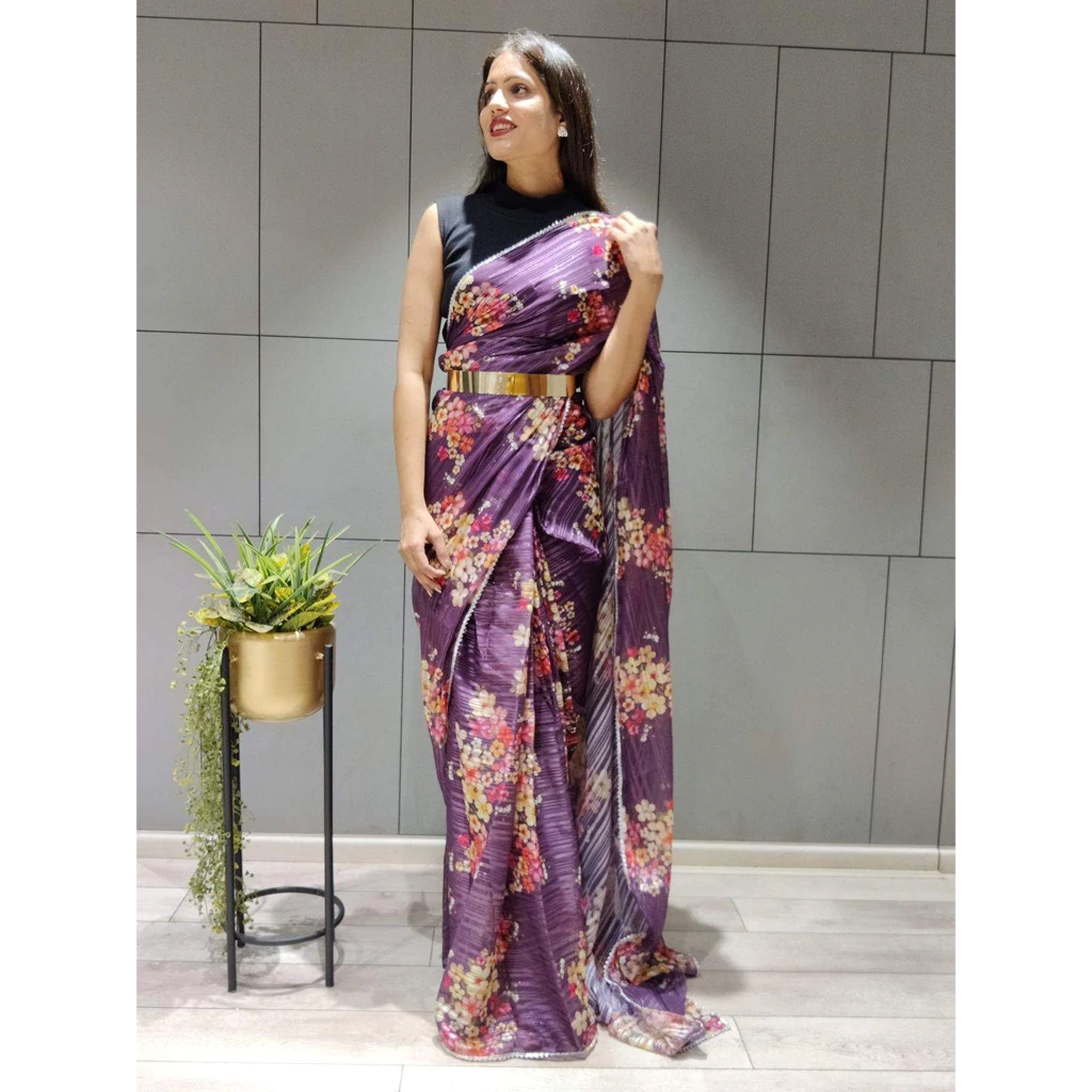 Flower Printed Ready to wear Chiffon Saree with Metal Belt - Colorful Saree