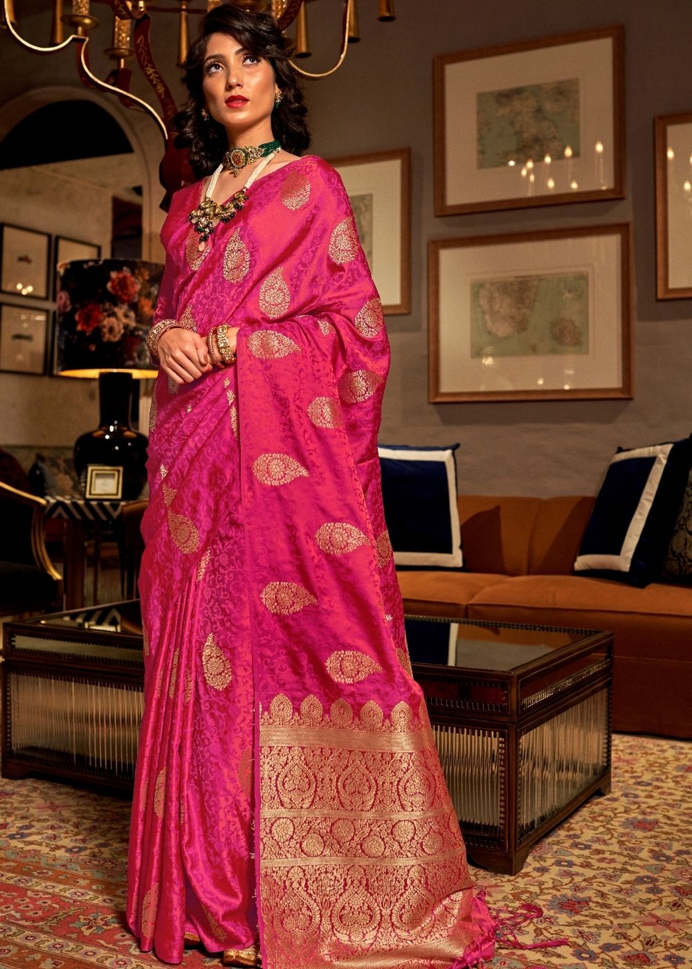 Ruby Pink Satin Woven Silk Saree with overall Golden Buti - Colorful Saree