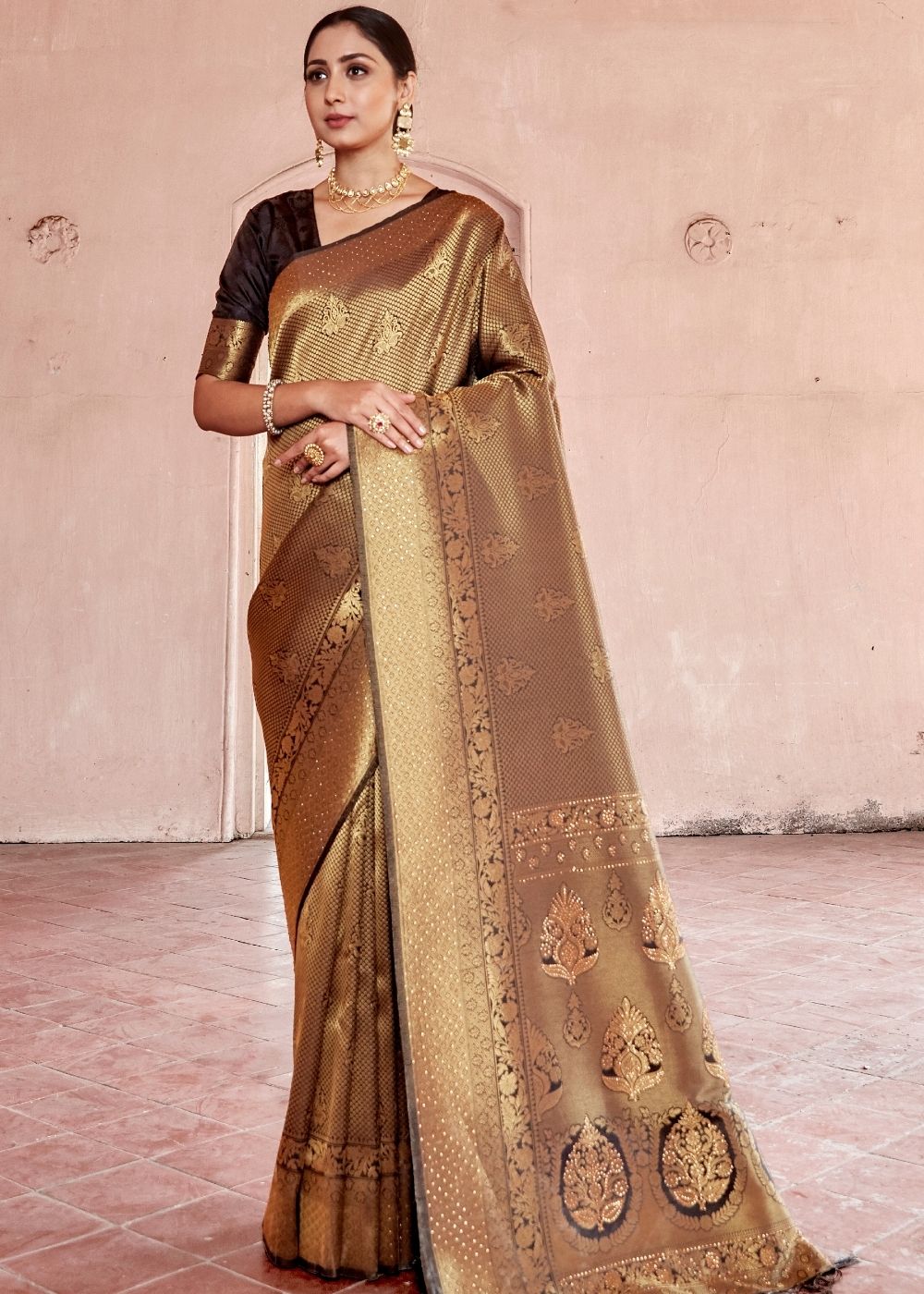 Cedar Brown Handloom Weave Kanjivaram Silk Saree with Swaroski work - Colorful Saree