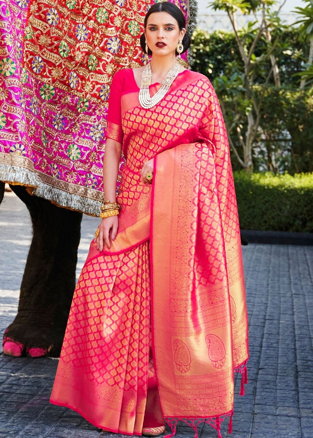 Hot Pink Handloom Weave Kanjivaram Silk Saree - Colorful Saree