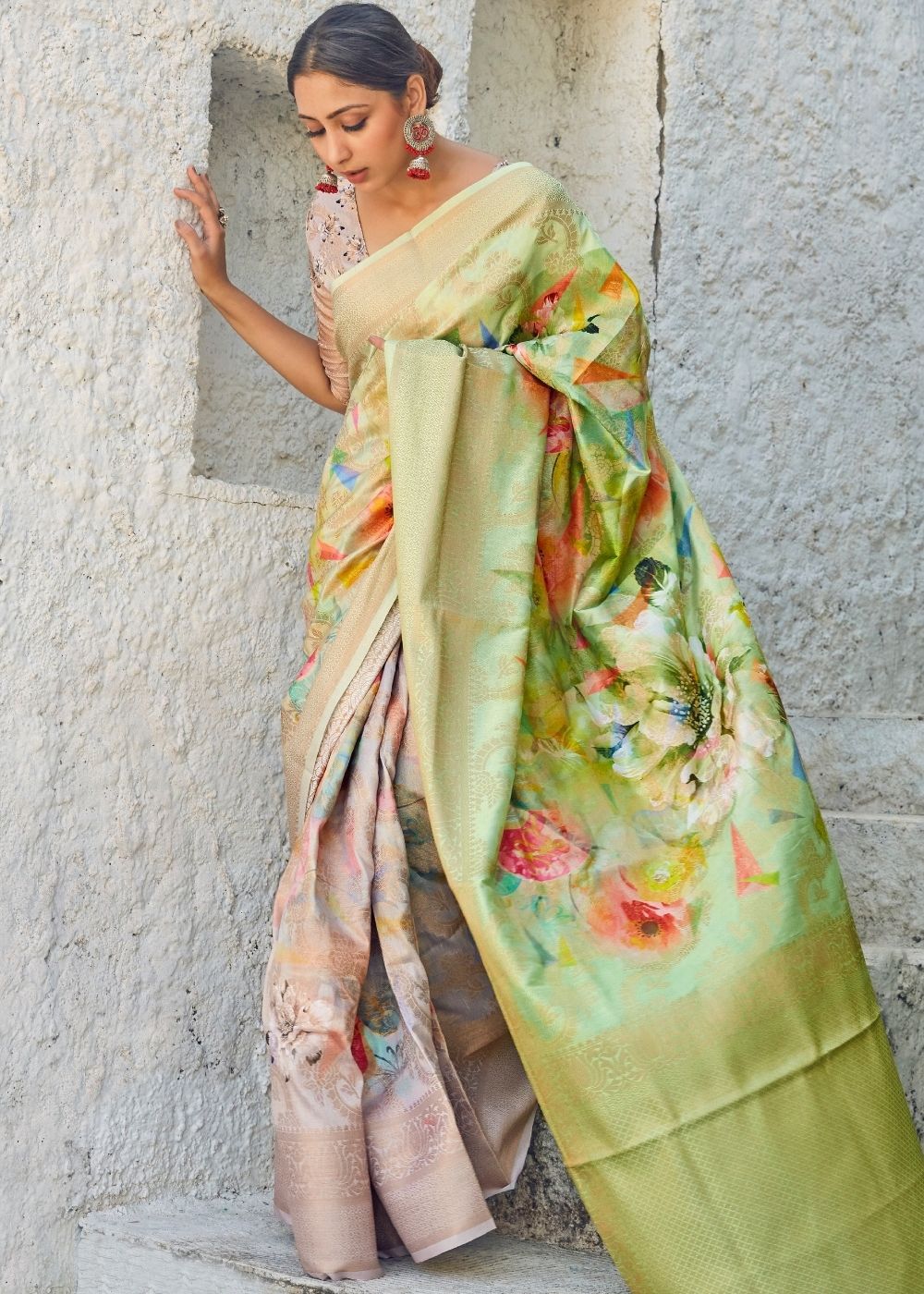 Lime Green Digital Printed Satin Silk Saree - Colorful Saree