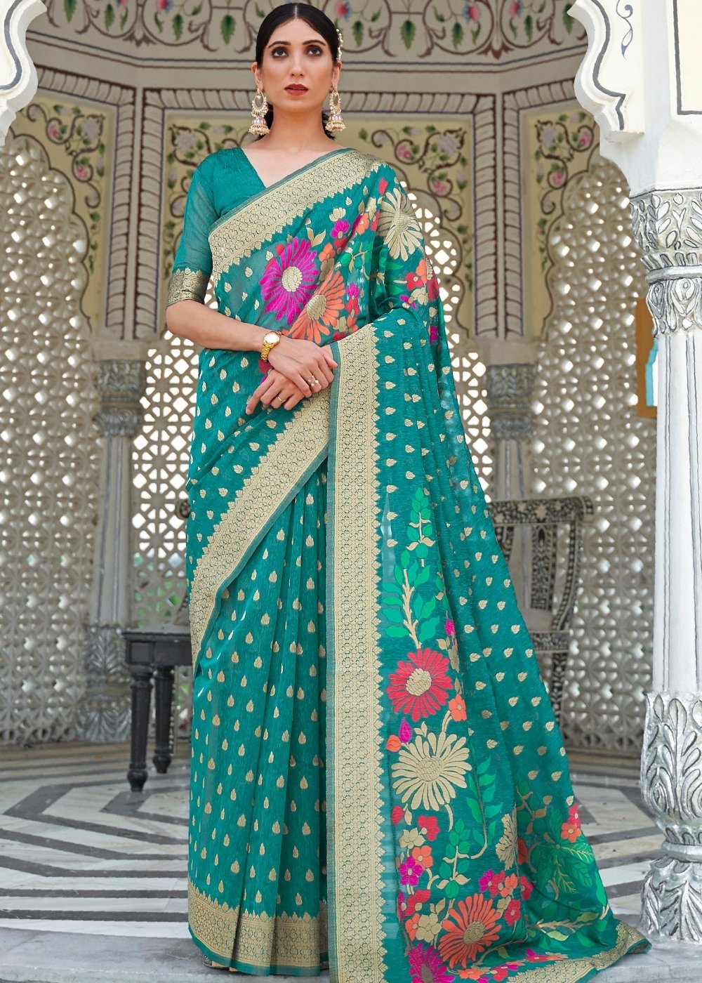 Pine Green Floral Embroidered Linen Silk Saree - Colorful Saree