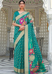 Pine Green Floral Embroidered Linen Silk Saree - Colorful Saree