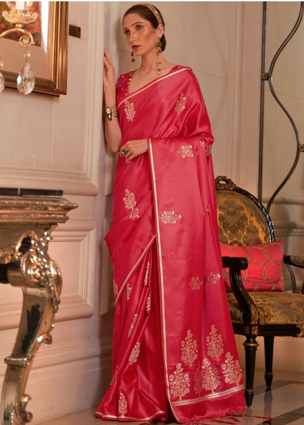 Radical Red Designer Satin Silk Saree - Colorful Saree