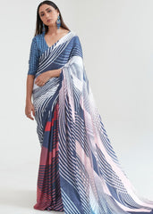 Steel Blue & White Satin Silk Digital Printed Saree - Colorful Saree