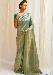 Pine Green & Golden Blend Kanjivaram Silk Saree - Colorful Saree