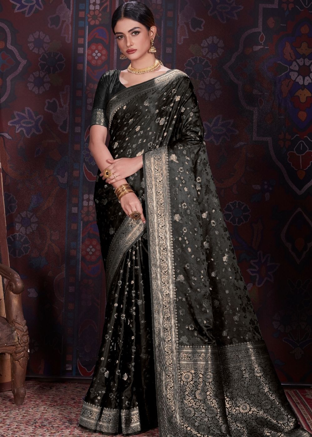 Pitch Black Zari Woven Satin Silk Saree - Colorful Saree