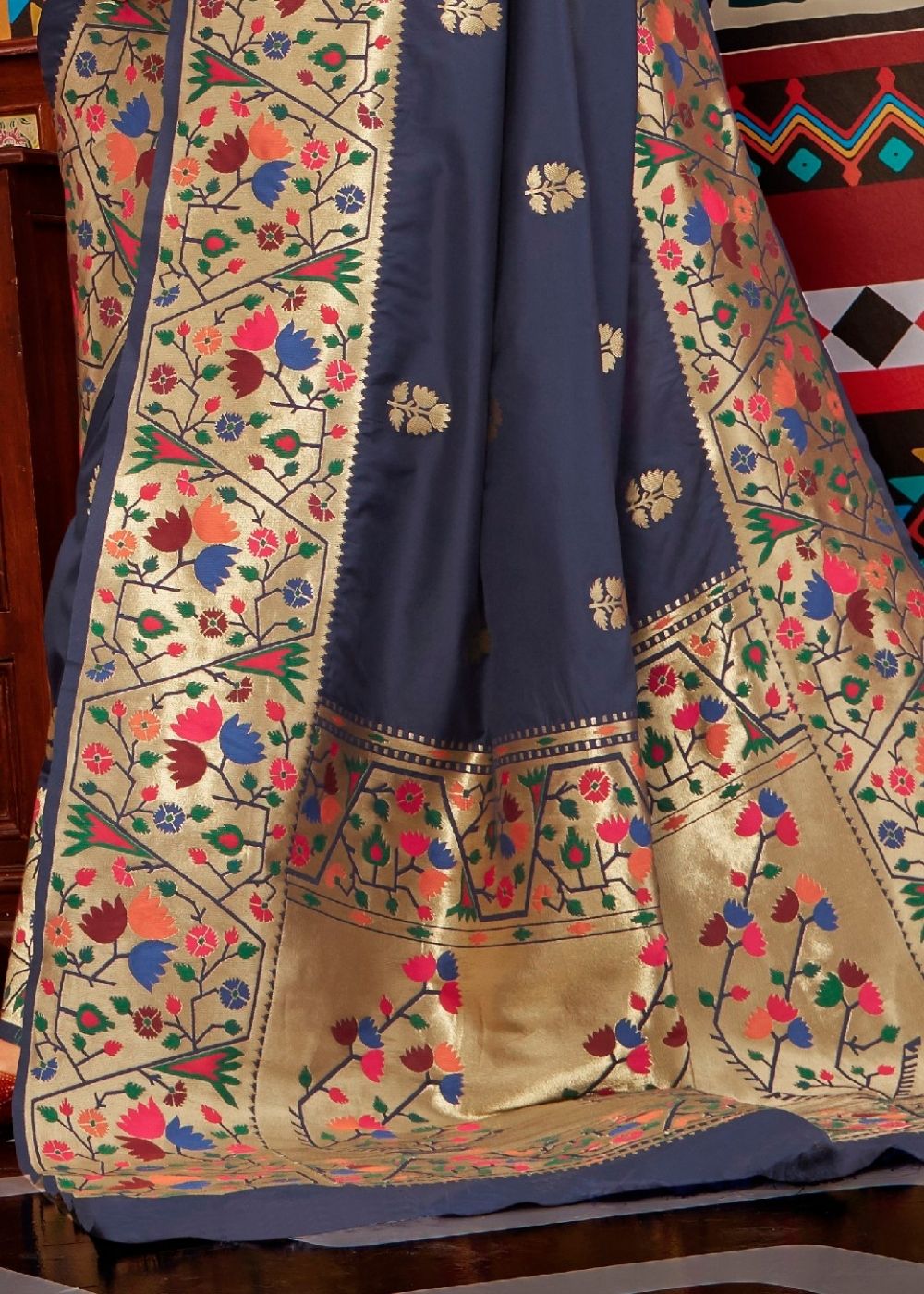 Denim Blue Zari Woven Paithani Silk Saree - Colorful Saree