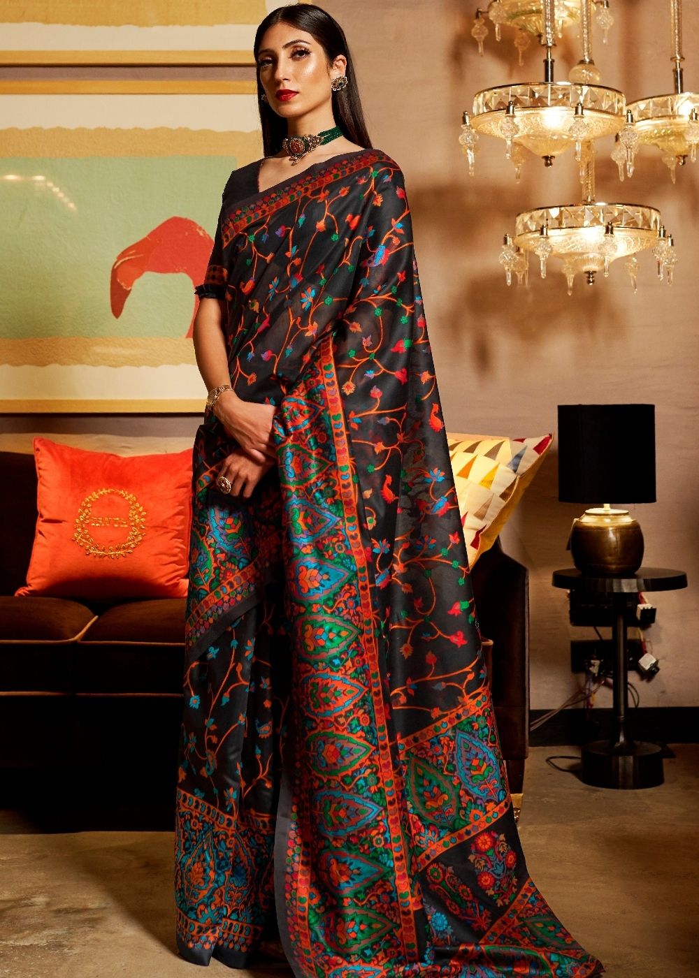 Ebony Black Banarasi Jamawar Woven Silk Saree : Top Pick - Colorful Saree