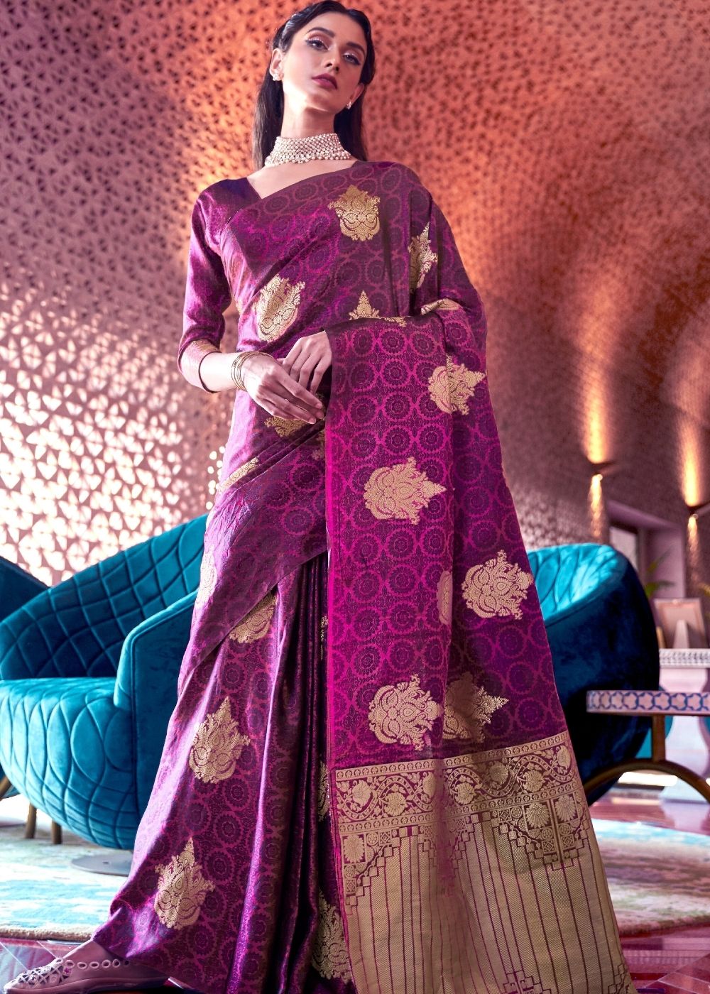 Lollipop Purple Satin Silk Saree with overall Golden Butti - Colorful Saree