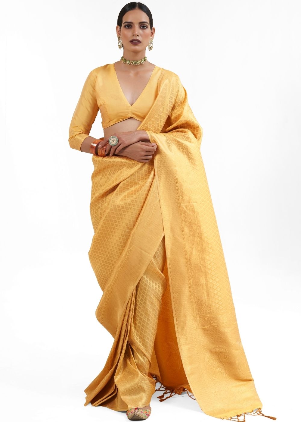 Canary Yellow Kanjivaram Soft Woven Silk Saree - Colorful Saree