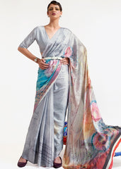 Silver Grey Digital Printed Satin Crepe Saree - Colorful Saree