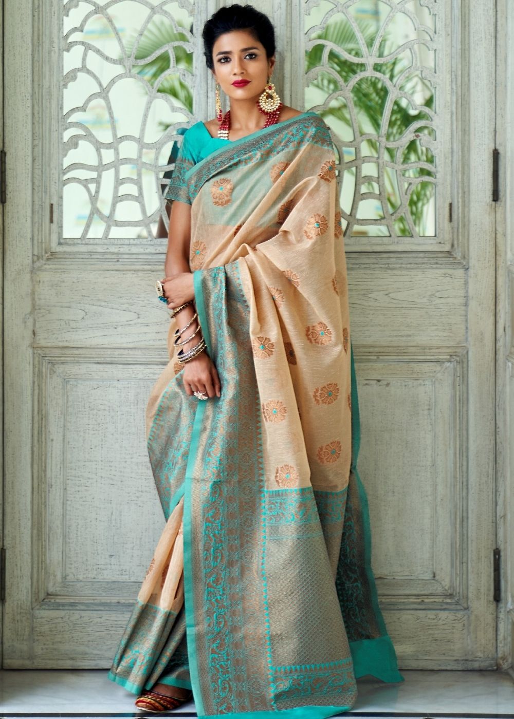 Subtle Beige Woven Linen Silk Saree with Butti overall - Colorful Saree