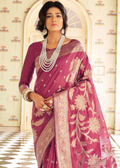 Ruby Pink Handloom Weaving Silk Saree with Floral Zari work on Pallu - Colorful Saree