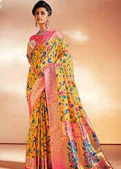 Saffron Yellow Woven Banarasi Paithani Silk Saree - Colorful Saree