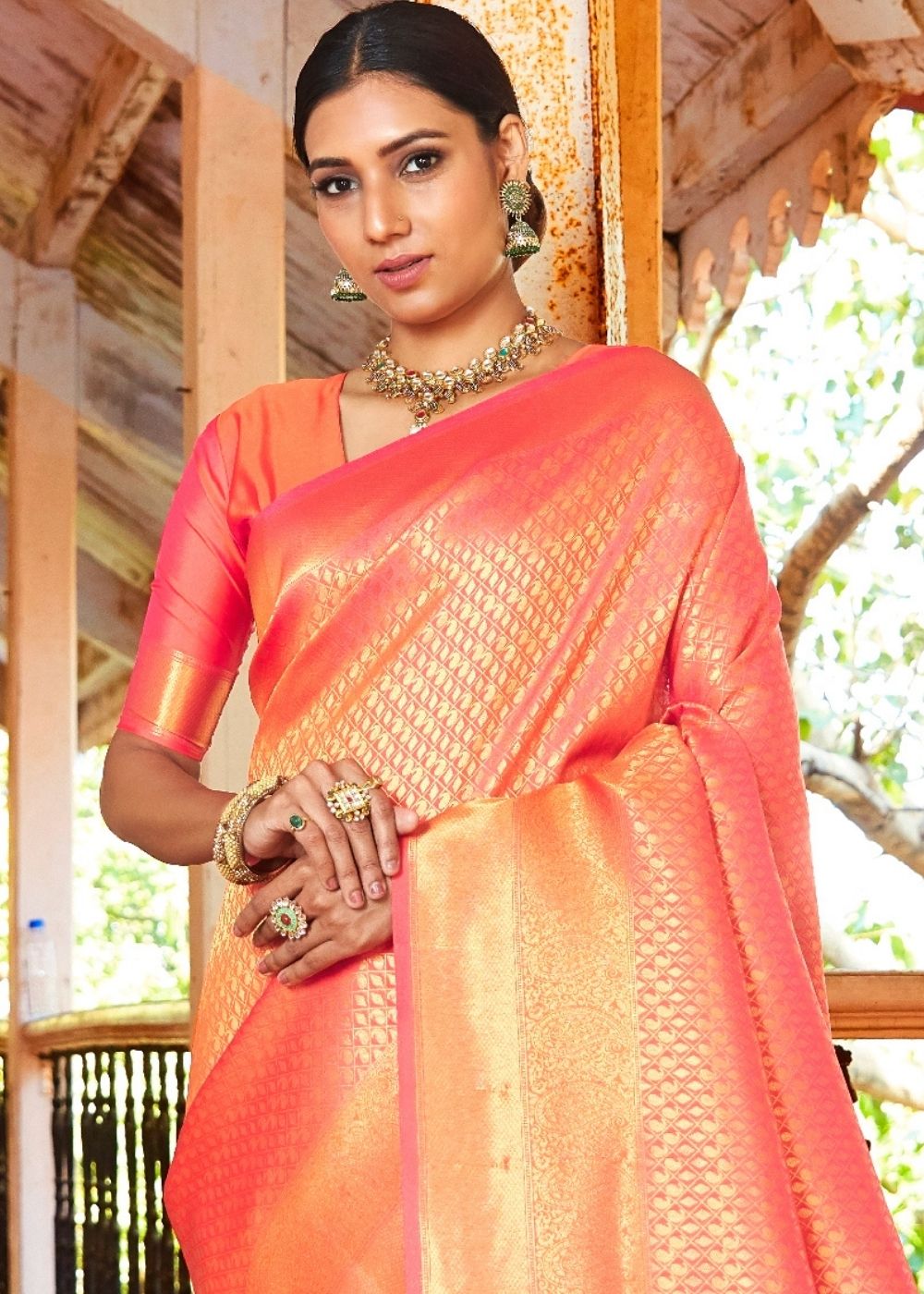 Coral Orange Woven Kanjivaram Saree:Limited Edition - Colorful Saree