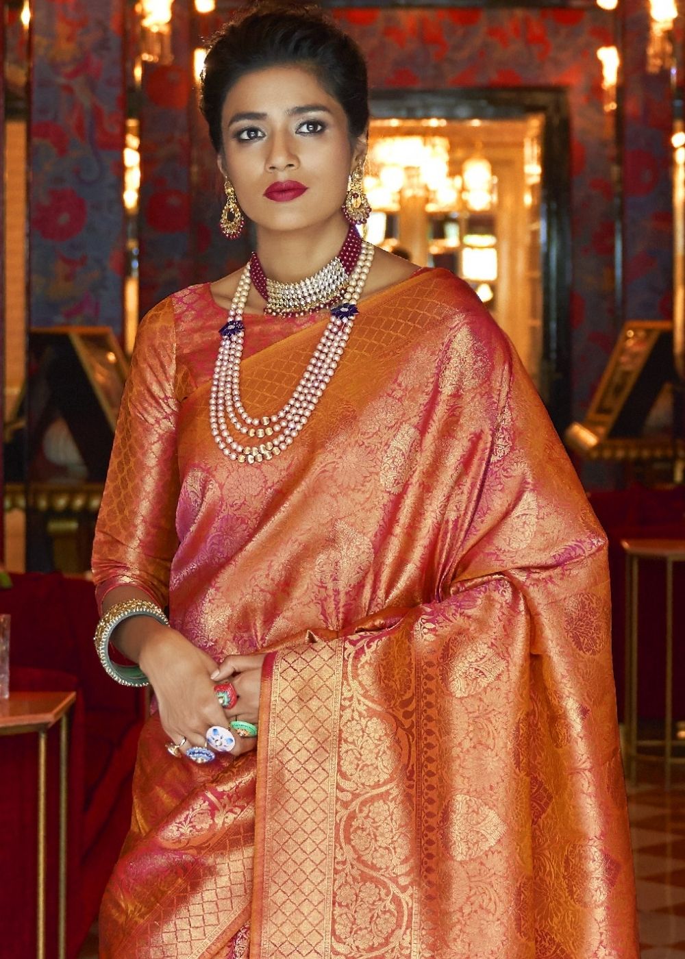 Blush Red and Golden Blend Woven Kanjivaram Soft Silk Saree - Colorful Saree