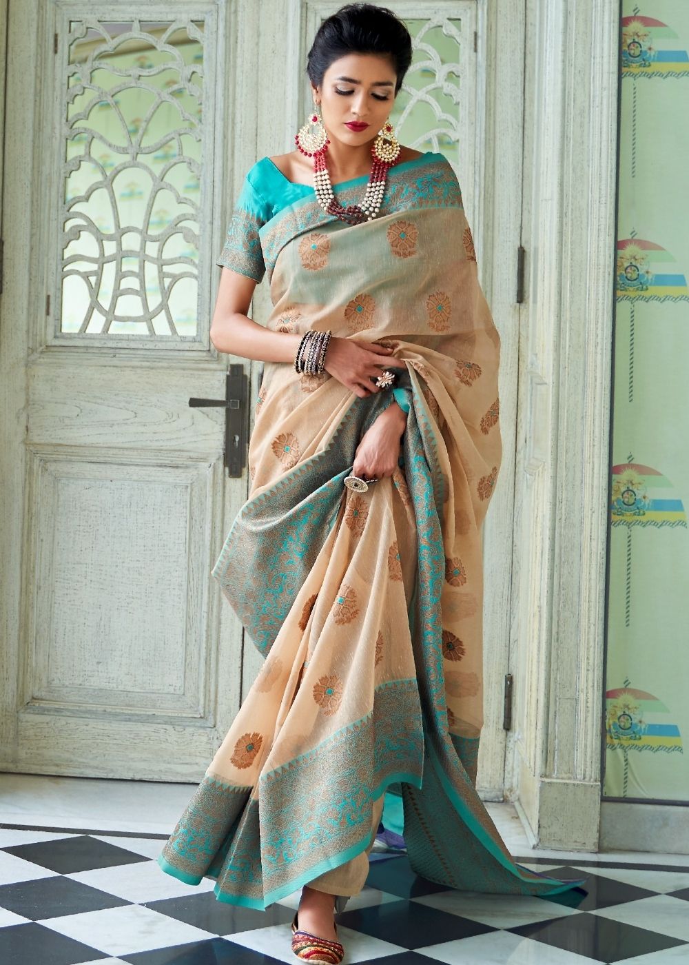 Subtle Beige Woven Linen Silk Saree with Butti overall - Colorful Saree