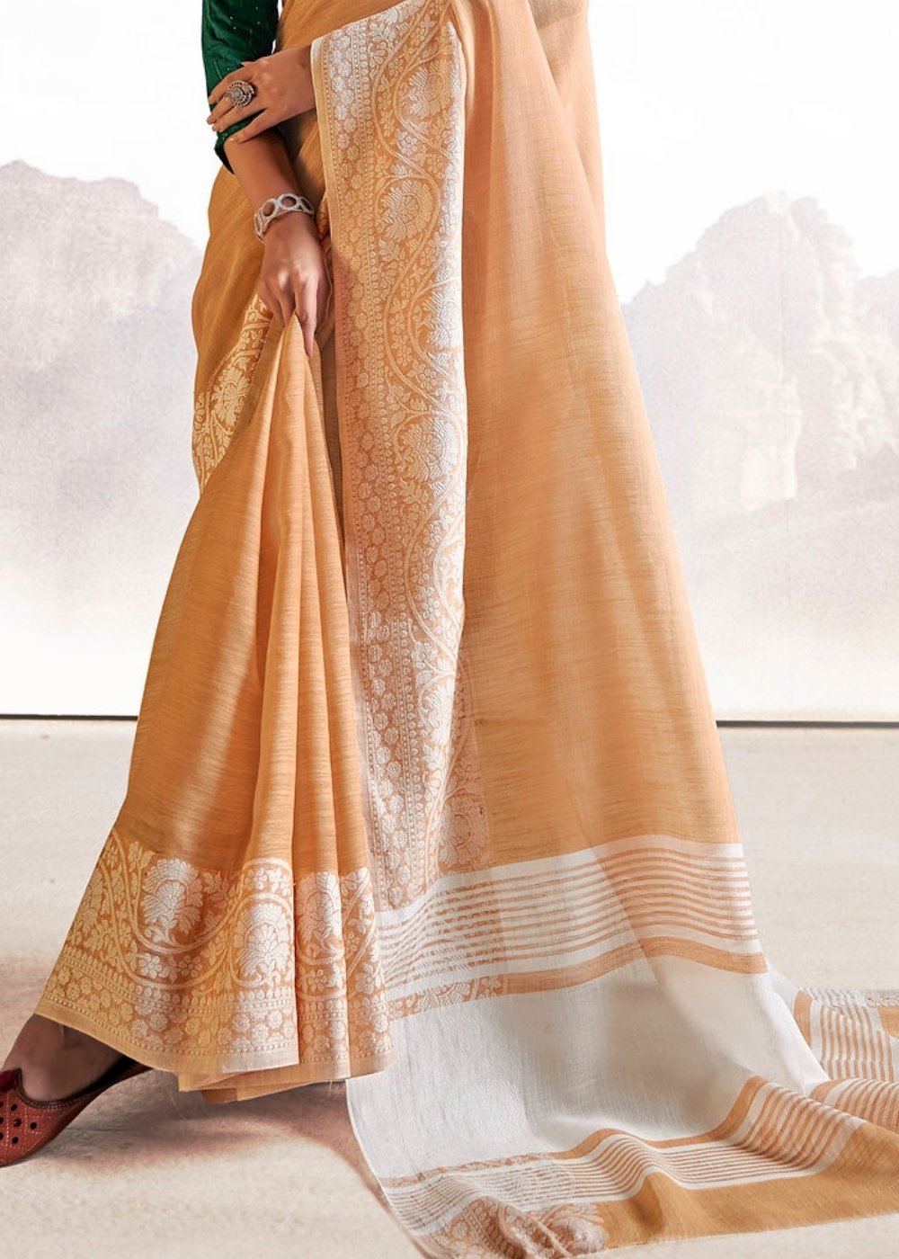 Salmon Orange Soft Linen Silk Saree with Lucknowi work and Sequence Blouse - Colorful Saree