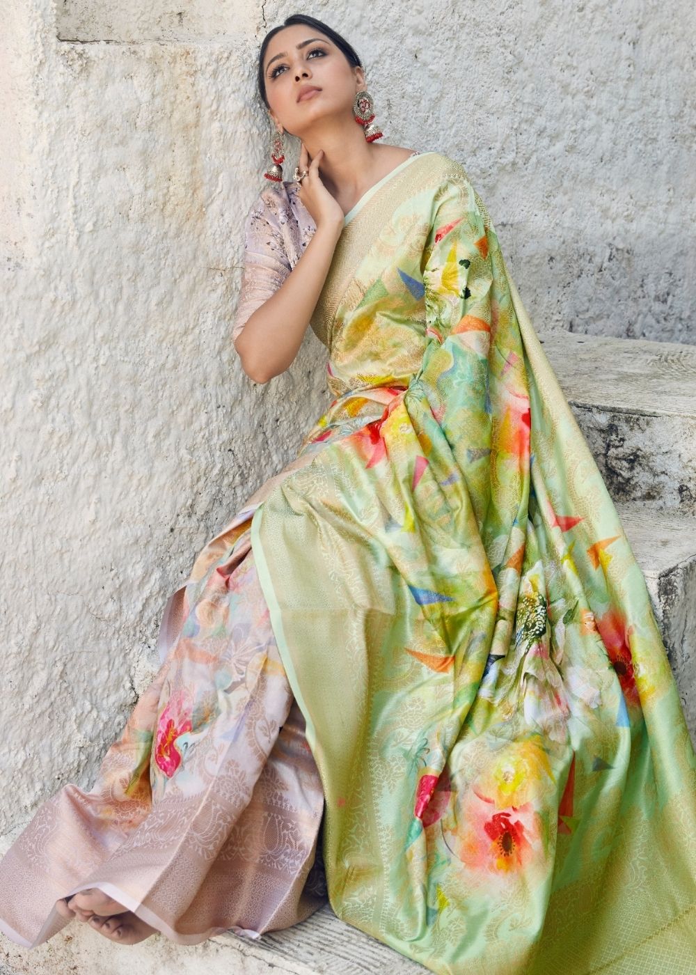 Lime Green Digital Printed Satin Silk Saree - Colorful Saree