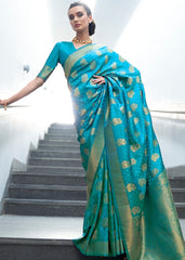 Cerulean Blue Woven Banarasi Silk Saree with overall Butti - Colorful Saree