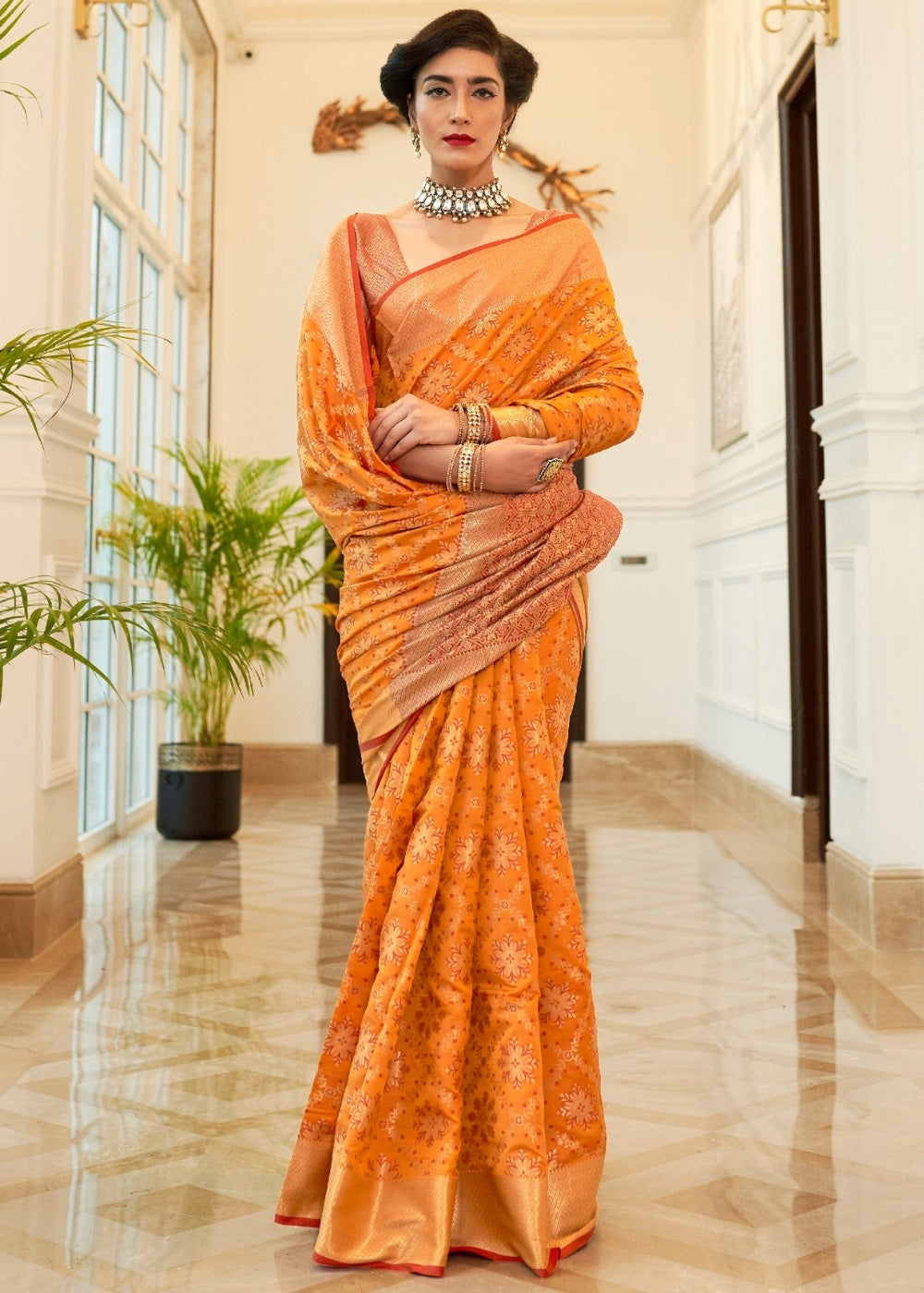 Orange Patola Silk Saree with Jaal work Border - Colorful Saree