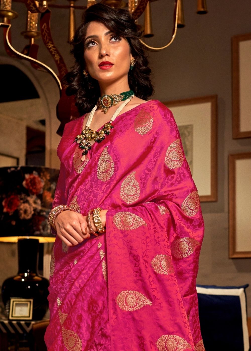 Ruby Pink Satin Woven Silk Saree with overall Golden Buti - Colorful Saree