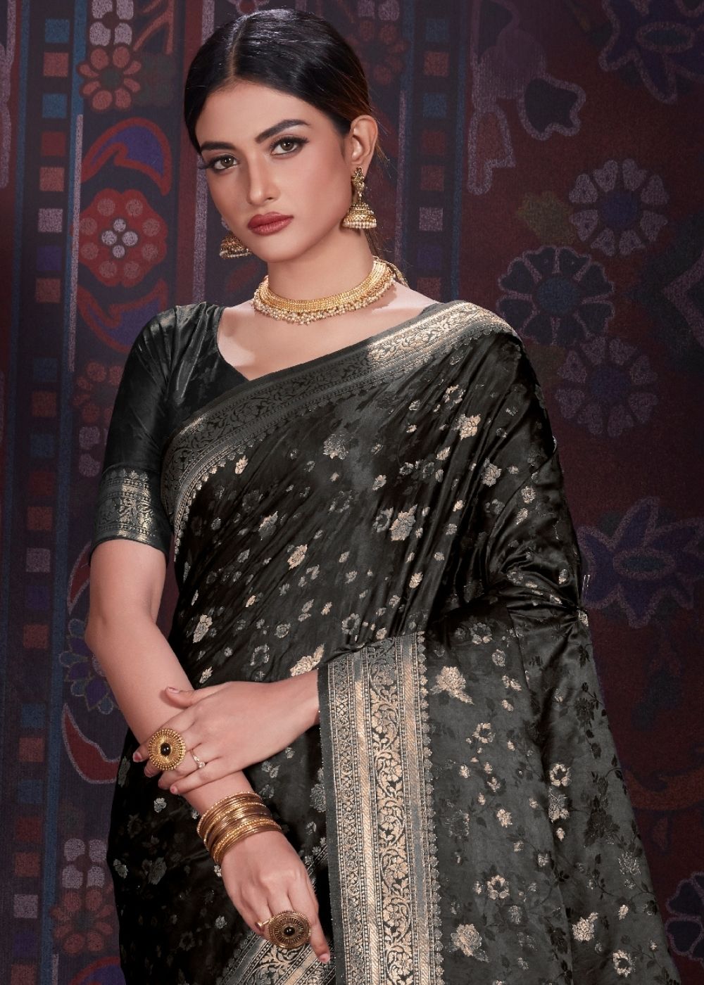 Pitch Black Zari Woven Satin Silk Saree - Colorful Saree