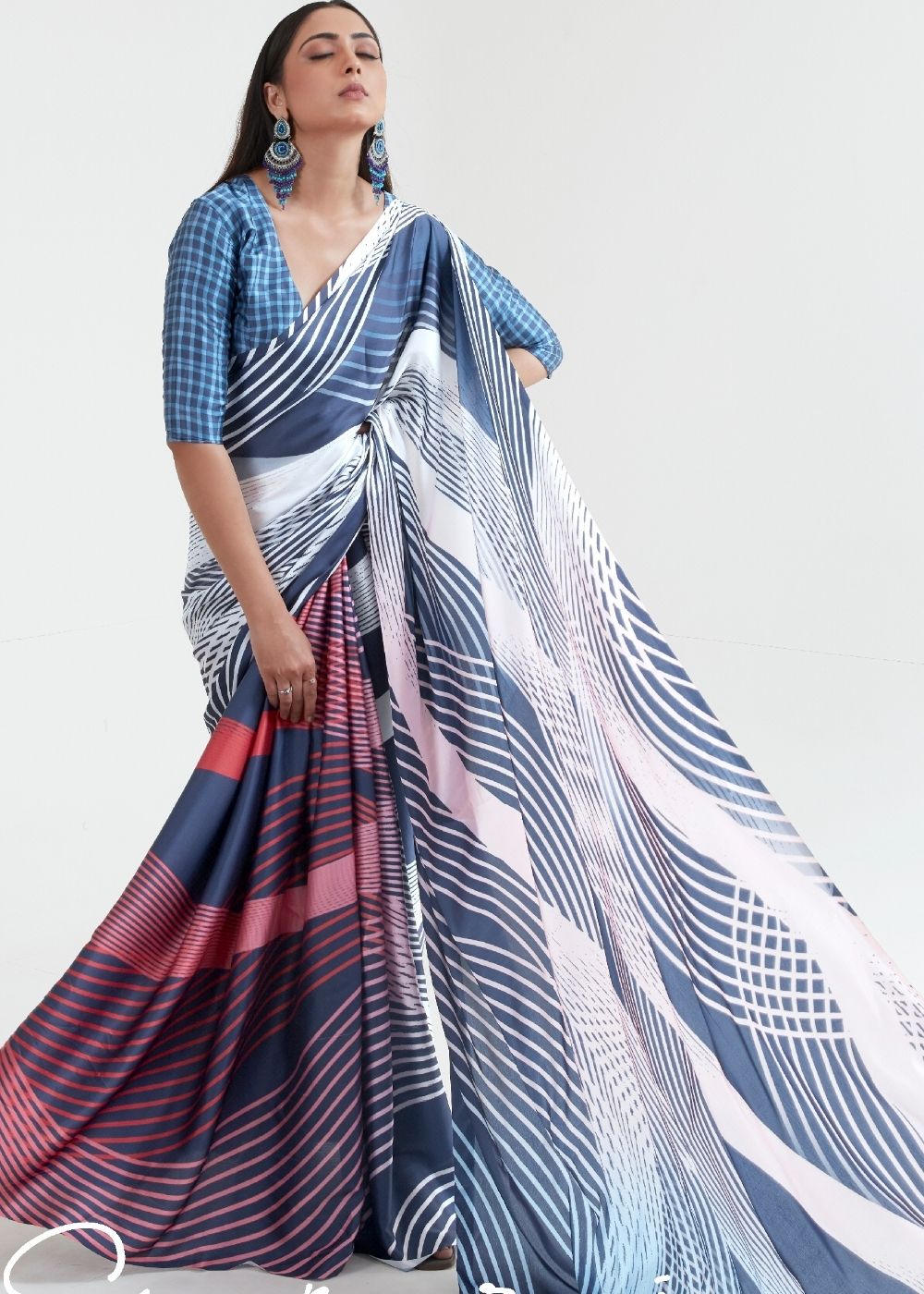 Steel Blue & White Satin Silk Digital Printed Saree - Colorful Saree