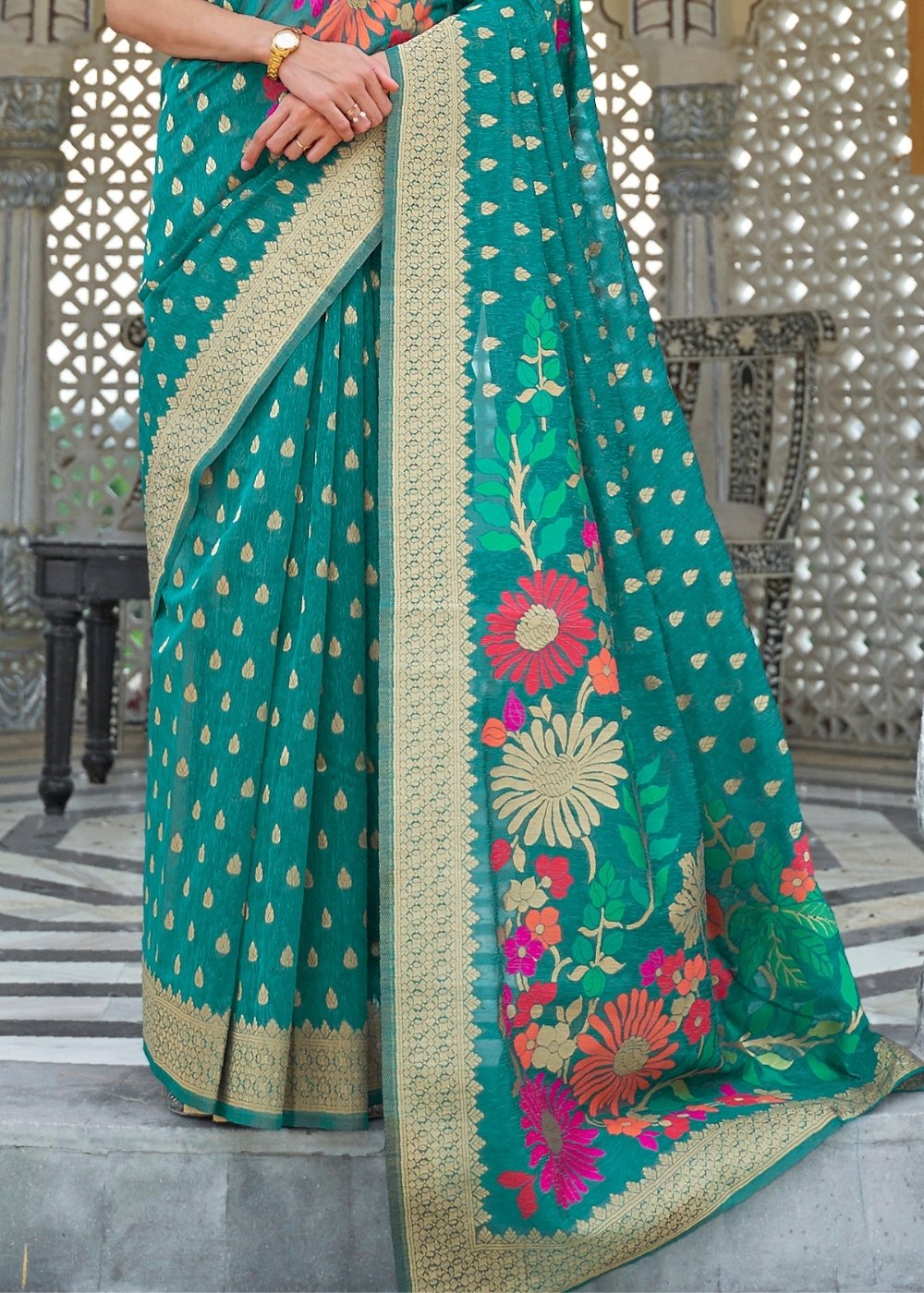 Pine Green Floral Embroidered Linen Silk Saree - Colorful Saree