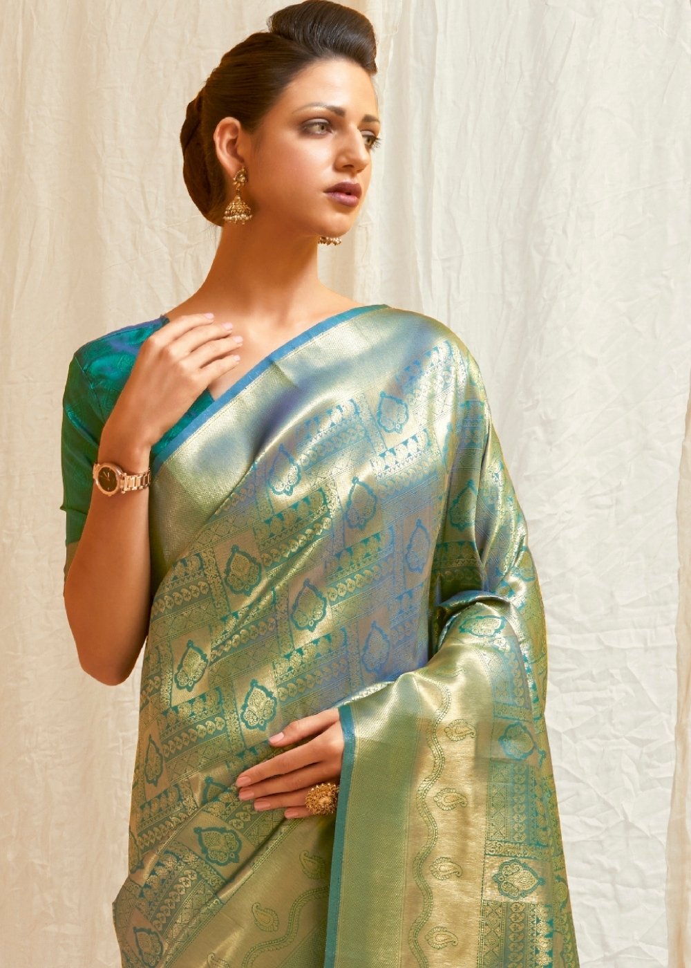 Pine Green & Golden Blend Kanjivaram Silk Saree - Colorful Saree