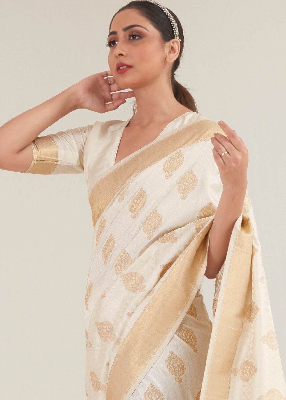 Beige White Zari Butta Woven Banasari Silk Saree - Colorful Saree