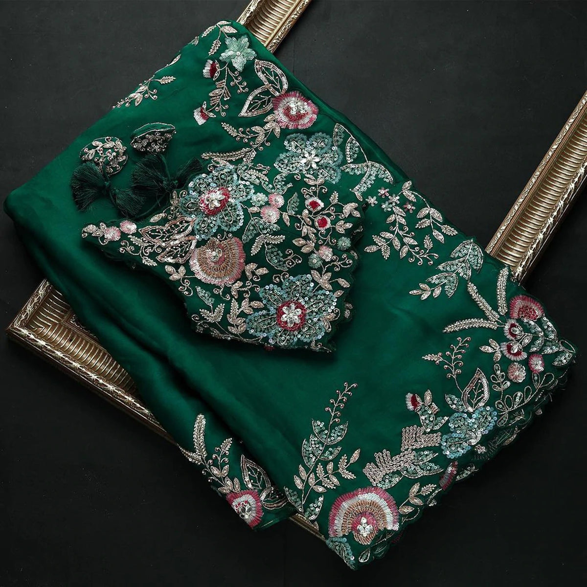 Gorgeous Organza Saree with Thread, Sequins, and Zari Embroidery work - Colorful Saree