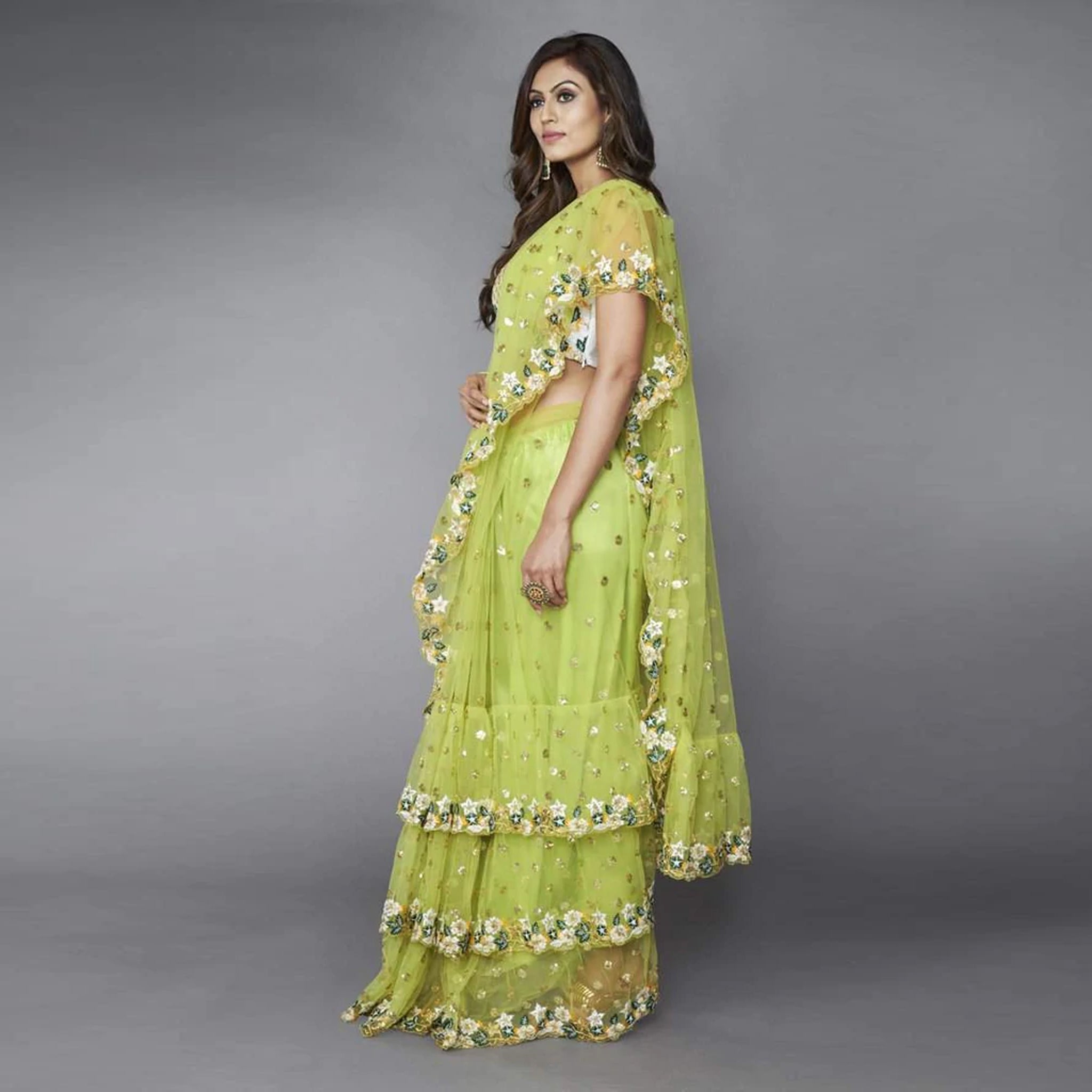 Green Ruffle Saree in Soft Net Fabrics with Embroidery Work - Colorful Saree