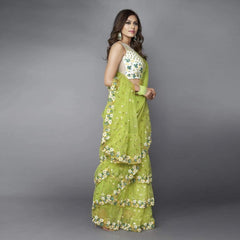 Green Ruffle Saree in Soft Net Fabrics with Embroidery Work - Colorful Saree