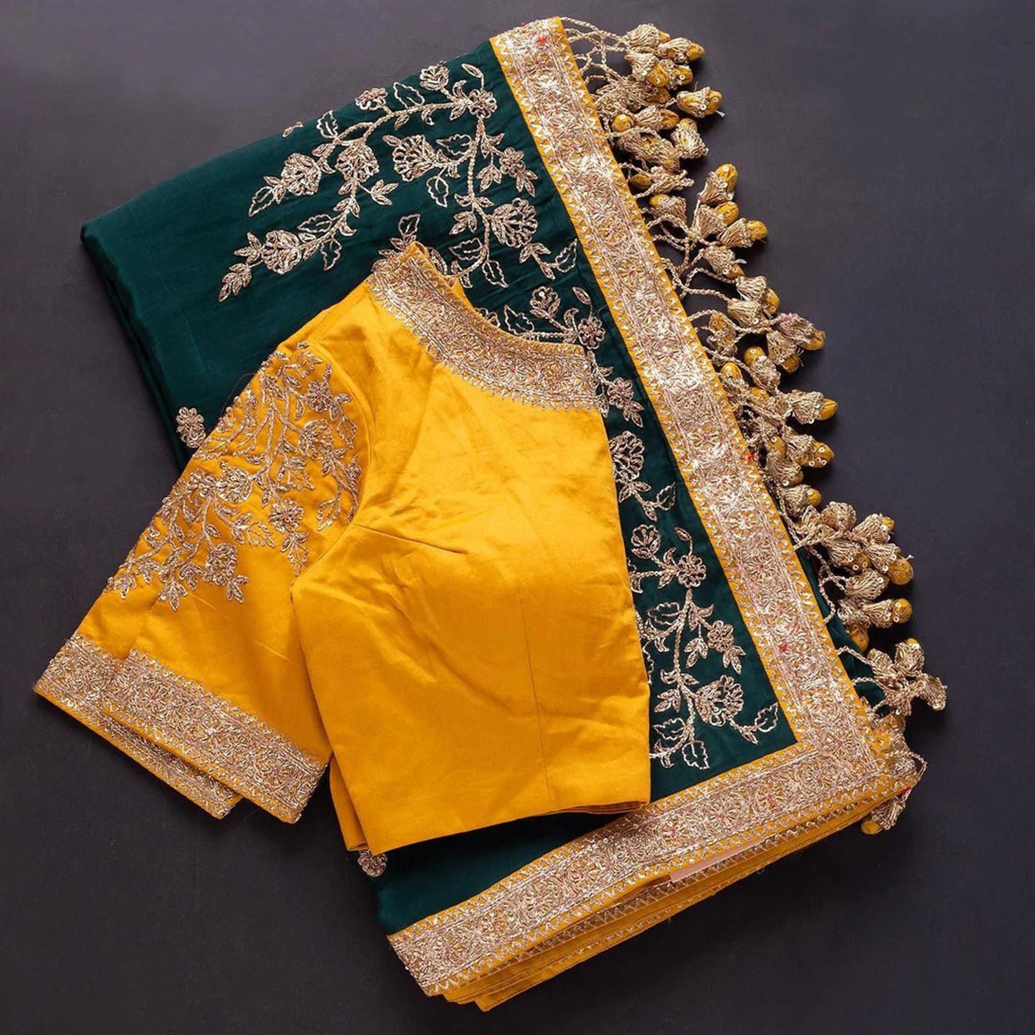 Green Silk saree and Yellow Blouse with Heavy Embroidery Work - Colorful Saree