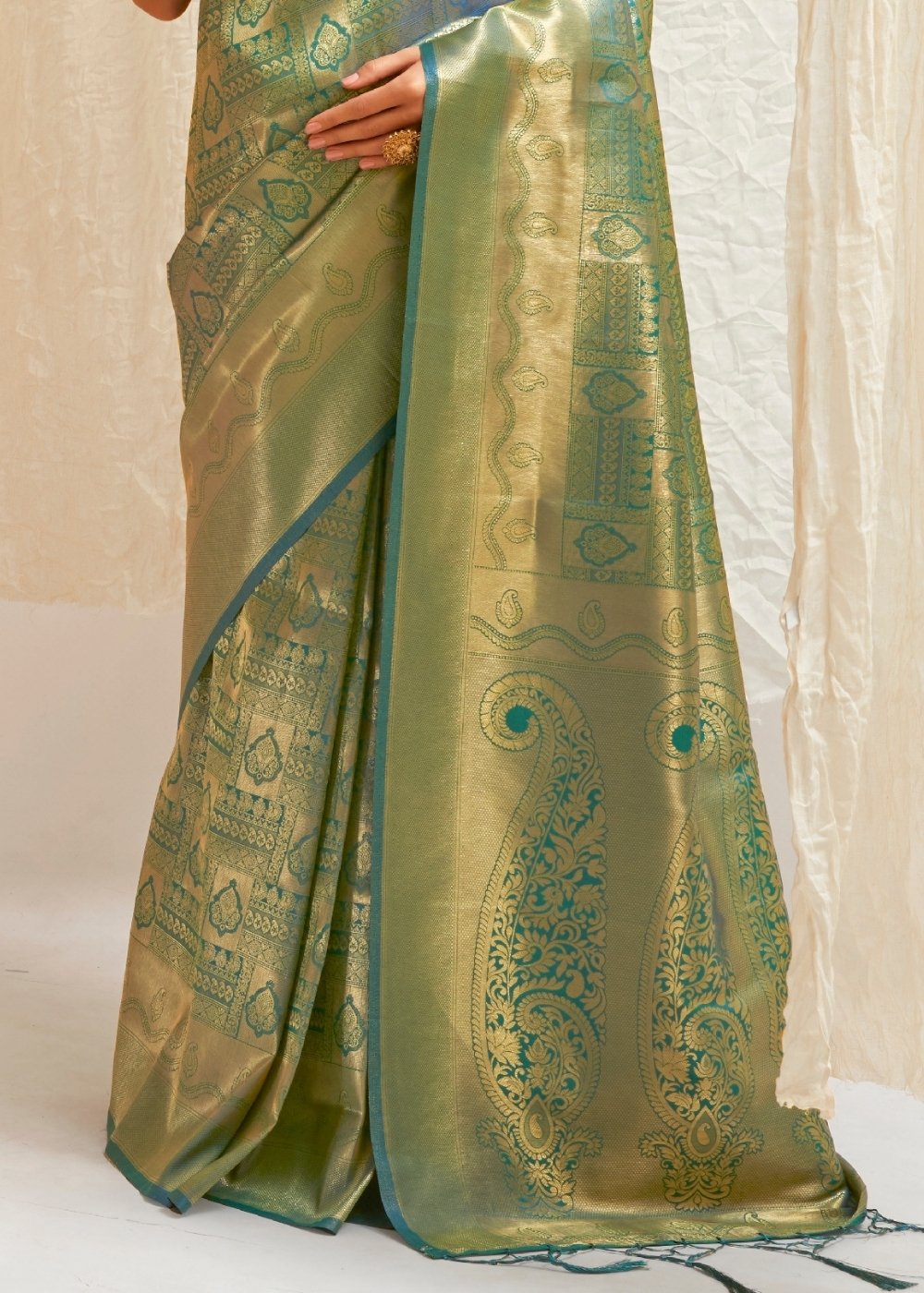 Pine Green & Golden Blend Kanjivaram Silk Saree - Colorful Saree