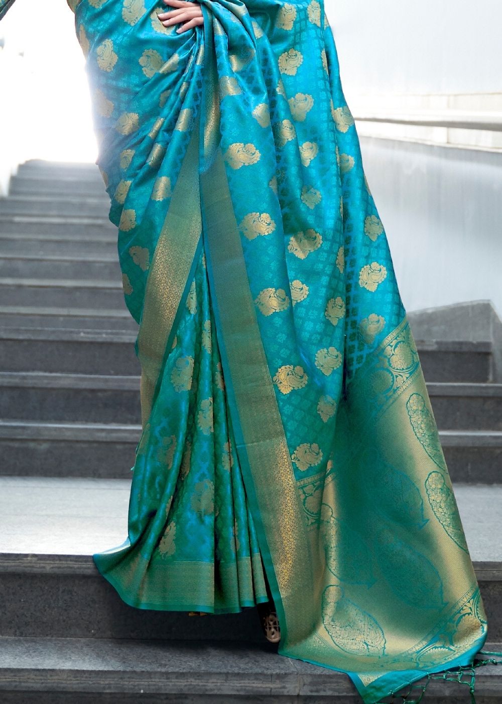 Cerulean Blue Woven Banarasi Silk Saree with overall Butti - Colorful Saree