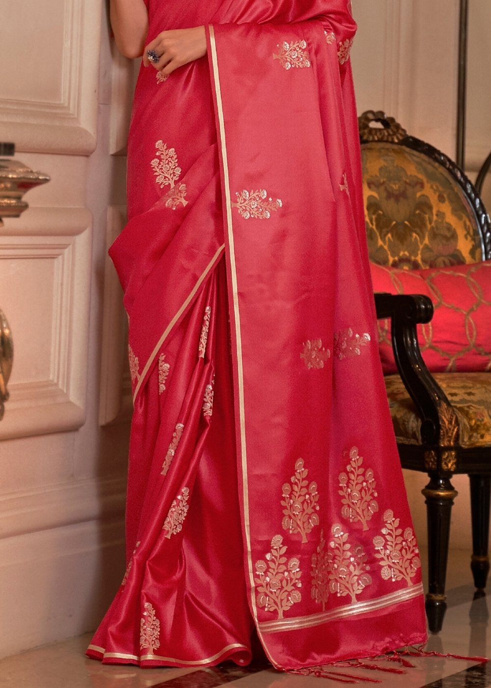 Radical Red Designer Satin Silk Saree - Colorful Saree